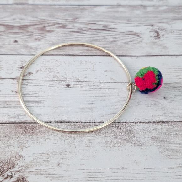 Vintage Bracelet 9" Gold Tone Bangle with Fluffy Multi Colored Ball Charm - Picture 10 of 10